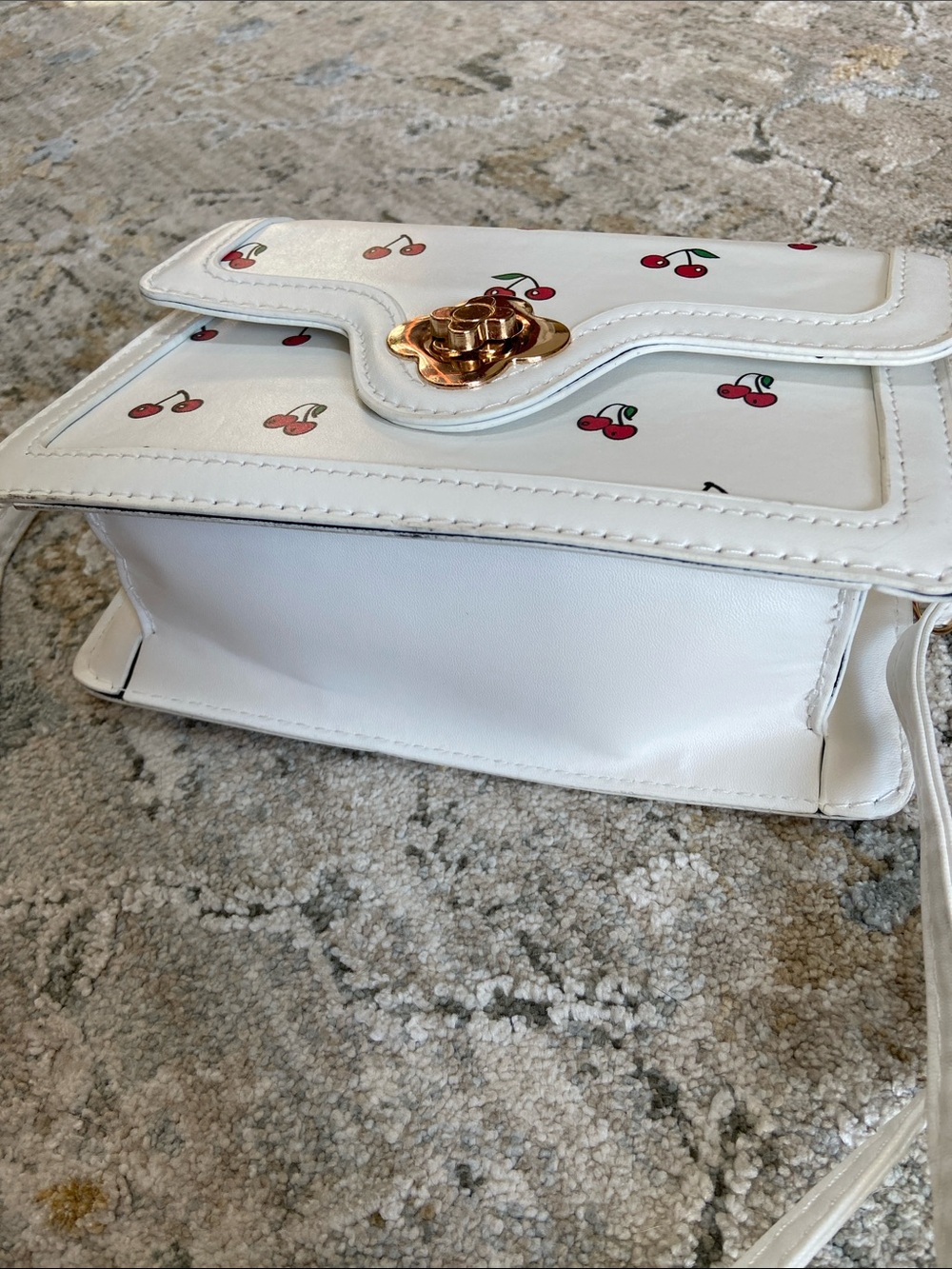 White Cherry Print Mini Crossbody Bag with Top Handle and Turn Lock Hardware - Picture 4 of 12